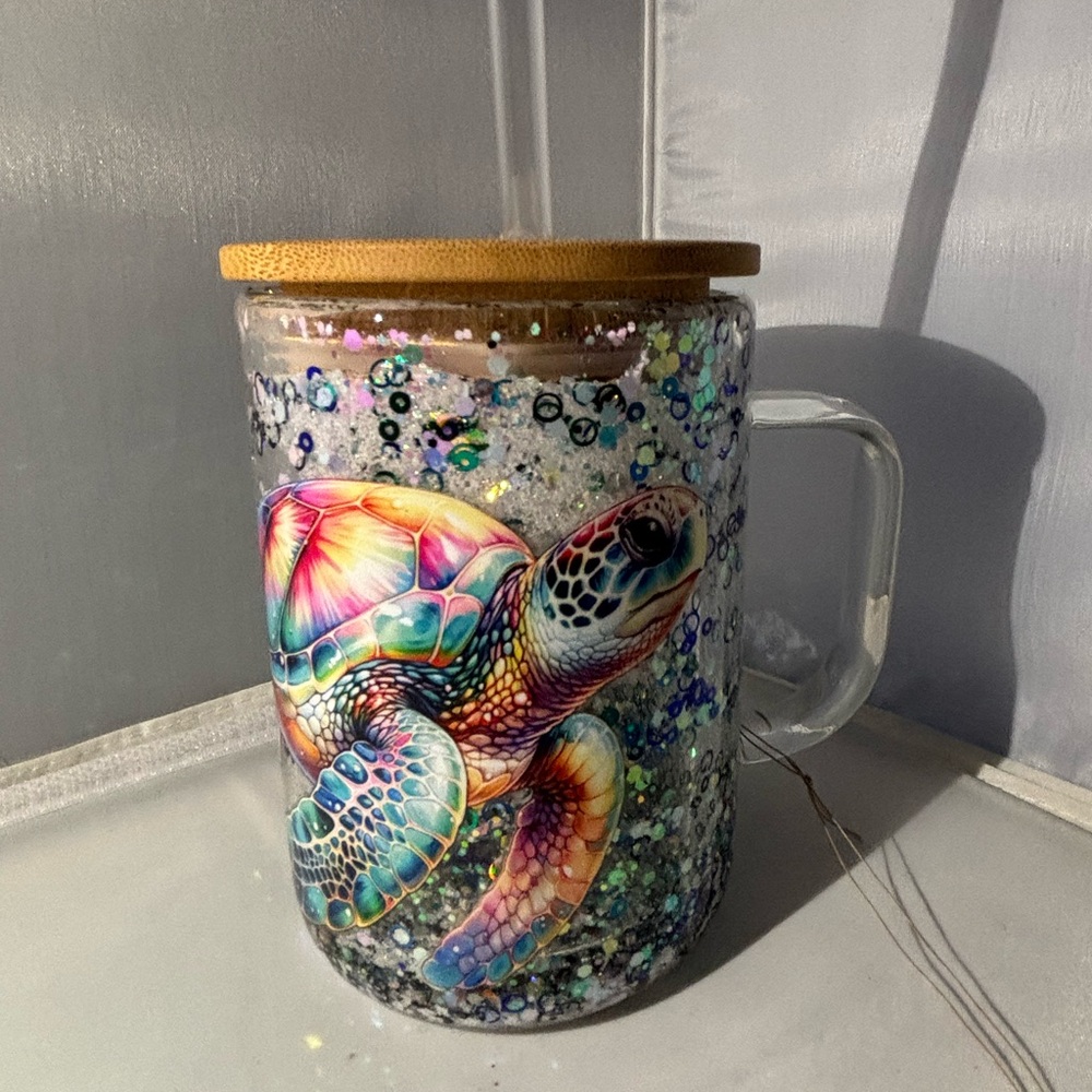 Colorful Turtle Glass Mug with Bamboo Lid